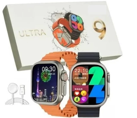 Smartwatch Ultra 9 com pulseiras laranja e preta